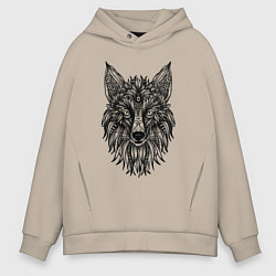 Толстовка оверсайз мужская TRIBAL MANDALA FOX ПЛЕМЕННАЯ ЛИСА МАНДАЛА, цвет: миндальный