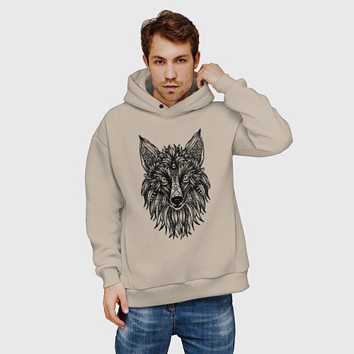 Мужское худи оверсайз TRIBAL MANDALA FOX ПЛЕМЕННАЯ ЛИСА МАНДАЛА / Миндальный – фото 3