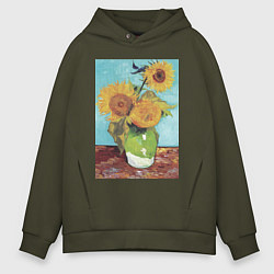 Толстовка оверсайз мужская Vase with Three Sunflowers Подсолнухи, цвет: хаки