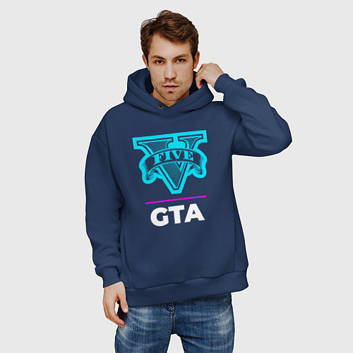 Мужское худи оверсайз Символ GTA в неоновых цветах / Тёмно-синий – фото 3