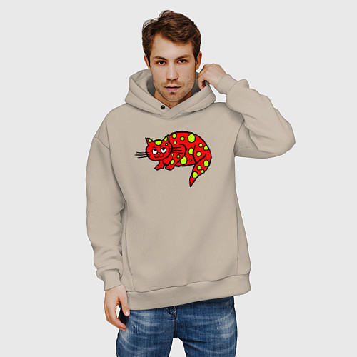 Мужское худи оверсайз Красная кошка с зелеными пятнами / Миндальный – фото 3