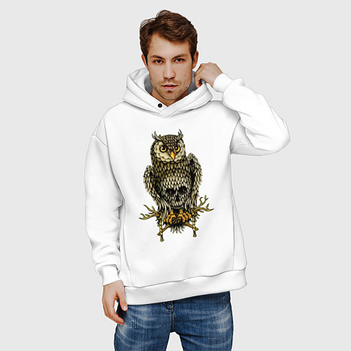 Мужское худи оверсайз Сова с черепом на животе / Белый – фото 3