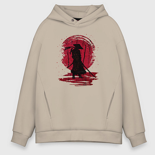 Мужское худи оверсайз Самурай и красная луна / Миндальный – фото 1