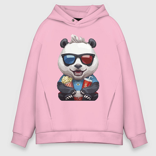 Мужское худи оверсайз Прикольный панда с попкорном и колой / Светло-розовый – фото 1