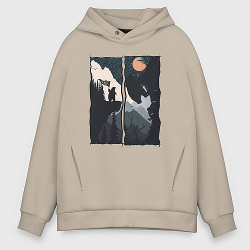 Мужское худи оверсайз Оранжевая луна и дикий альпинизм / Миндальный – фото 1