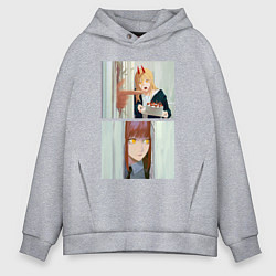 Толстовка оверсайз мужская Макима стучится в дверь - Мем адаптация, цвет: меланж