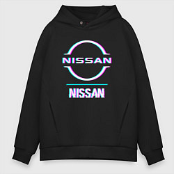 Толстовка оверсайз мужская Значок Nissan в стиле glitch, цвет: черный