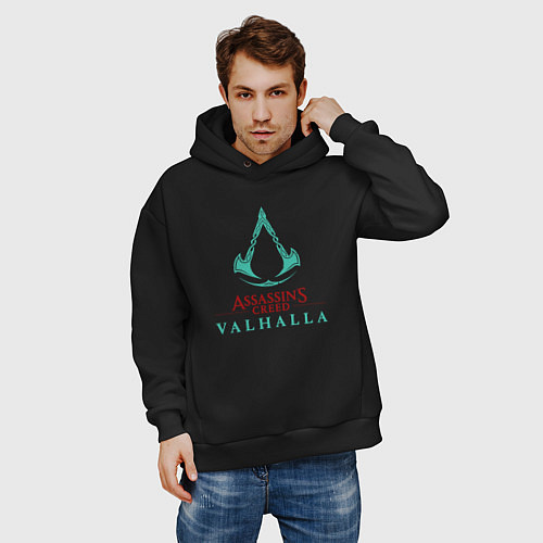 Мужское худи оверсайз Assassins Creed Valhalla - logo / Черный – фото 3