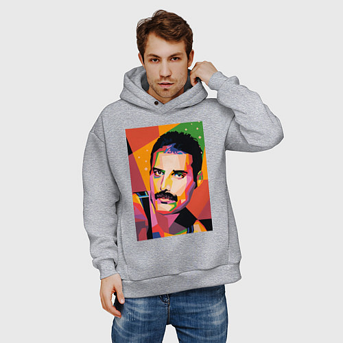 Мужское худи оверсайз Фредди Меркьюри - полигональный поп-арт / Меланж – фото 3