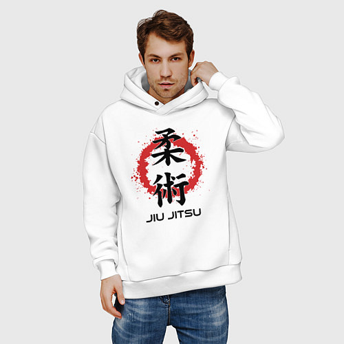 Мужское худи оверсайз Jiu jitsu red splashes logo / Белый – фото 3