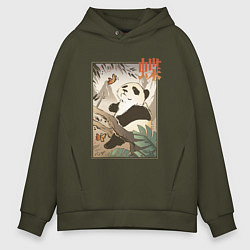 Толстовка оверсайз мужская Панда и бабочка - Японская гравюра Укиё Э, цвет: хаки