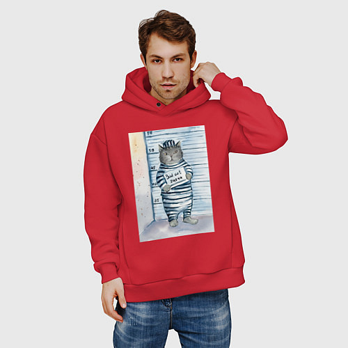 Мужское худи оверсайз Акварельный рисунок плохой кот / Красный – фото 3