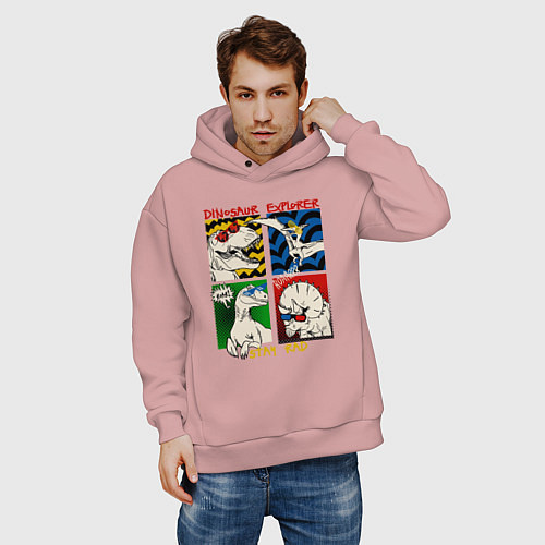 Мужское худи оверсайз Поп арт динозавры в очках / Пыльно-розовый – фото 3