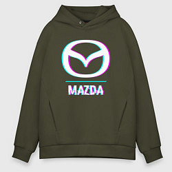 Толстовка оверсайз мужская Значок Mazda в стиле glitch, цвет: хаки
