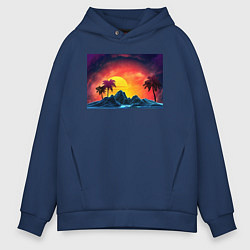 Толстовка оверсайз мужская Пляж и пальмы абстрактный ретро дизайн, цвет: тёмно-синий