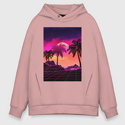Толстовка оверсайз мужская Пальмы и пляж в розовом закате, цвет: пыльно-розовый