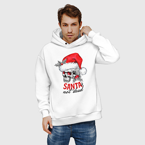 Мужское худи оверсайз Santa is not dead, skull in red hat, holly / Белый – фото 3