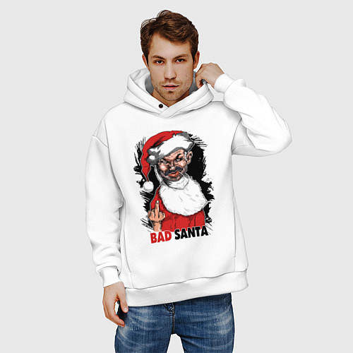 Мужское худи оверсайз Bad Santa, fuck you / Белый – фото 3