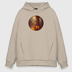 Толстовка оверсайз мужская Хэллоуинская тыква и жуткое дерево, цвет: миндальный