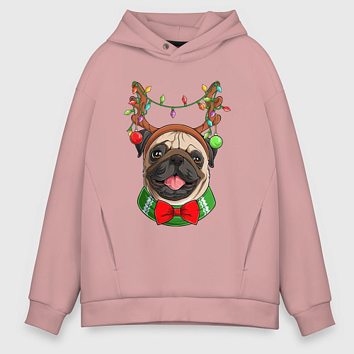 Мужское худи оверсайз Новогодний мопс / Пыльно-розовый – фото 1