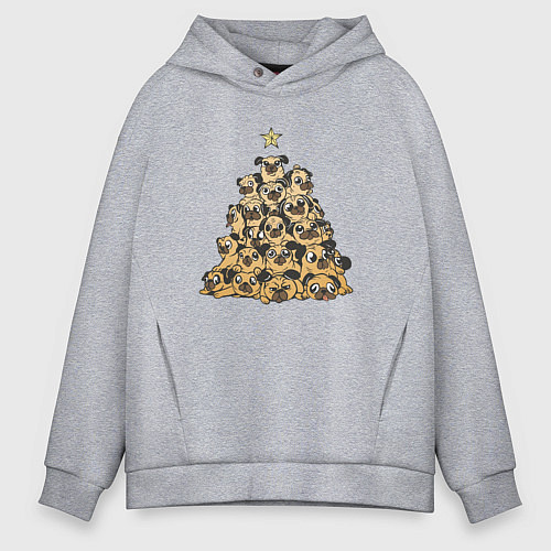 Мужское худи оверсайз Новогодняя елка из мопсов / Меланж – фото 1