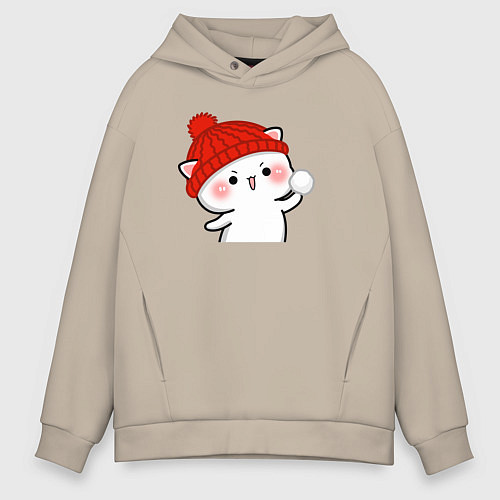 Мужское худи оверсайз Игра в снежки - белый котик / Миндальный – фото 1