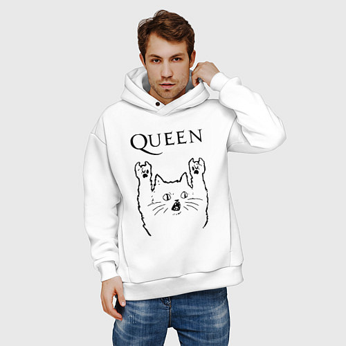 Мужское худи оверсайз Queen - rock cat / Белый – фото 3
