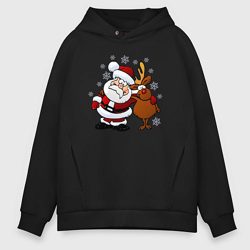 Мужское худи оверсайз Санта и олень / Черный – фото 1