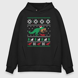 Толстовка оверсайз мужская Новогодний тирекс - ugly sweater, цвет: черный