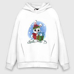Толстовка оверсайз мужская Rabbit with a New Years gift, цвет: белый