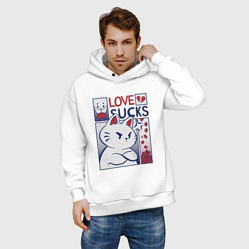 Мужское худи оверсайз Cat love sucks / Белый – фото 3