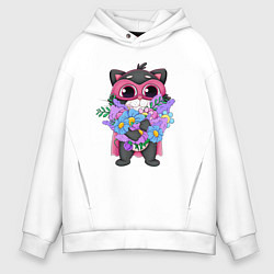 Толстовка оверсайз мужская Кот супергерой с цветами, цвет: белый