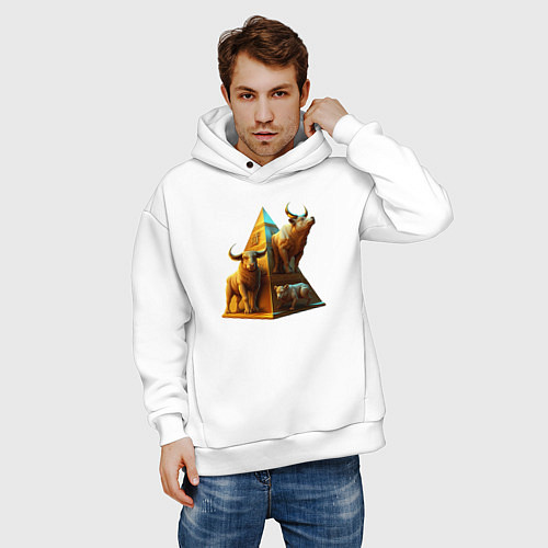 Мужское худи оверсайз Бык на фоне пирамиды / Белый – фото 3