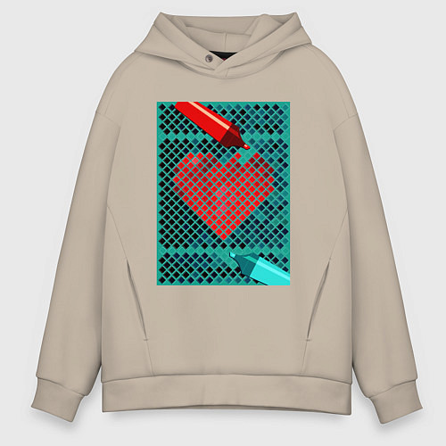 Мужское худи оверсайз Красное сердце маркером / Миндальный – фото 1