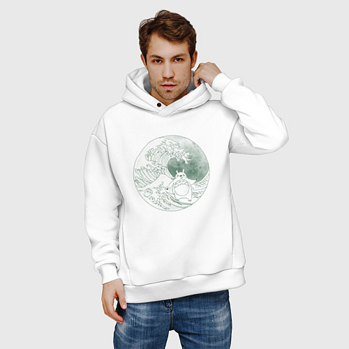 Мужское худи оверсайз Тоторо серфит на большой волне в канагаве - зелены / Белый – фото 3