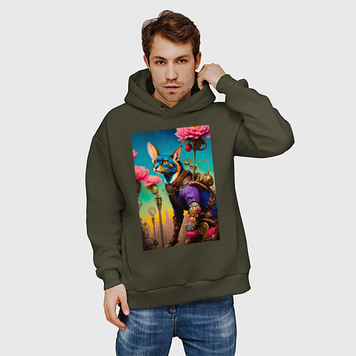 Мужское худи оверсайз Котик в стиле Стимпанк / Хаки – фото 3