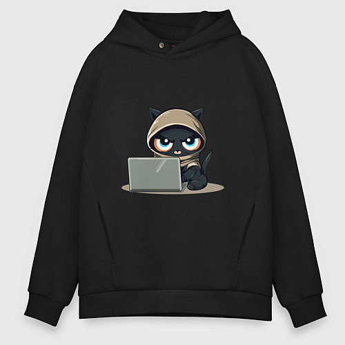 Мужское худи оверсайз Котик программист / Черный – фото 1