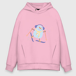 Толстовка оверсайз мужская Снеговик катается на лыжах, цвет: светло-розовый