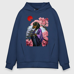 Толстовка оверсайз мужская Такса-Самурай весенняя на фоне сакуры, цвет: тёмно-синий