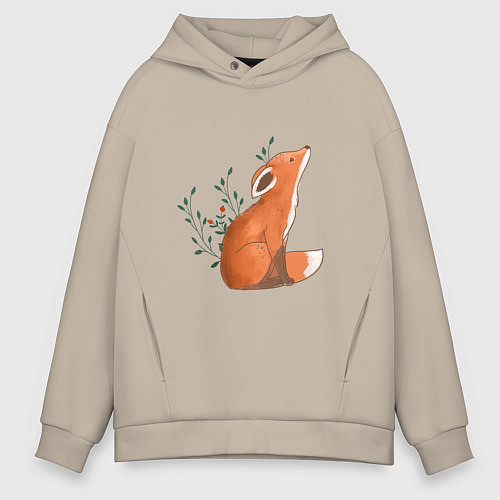 Мужское худи оверсайз Лисица и листики / Миндальный – фото 1