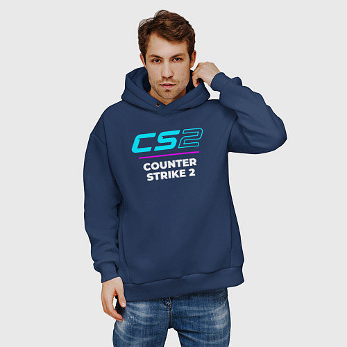 Мужское худи оверсайз Символ Counter Strike 2 в неоновых цветах / Тёмно-синий – фото 3