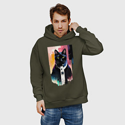 Толстовка оверсайз мужская Чёрный кот - киберпанк, цвет: хаки — фото 2