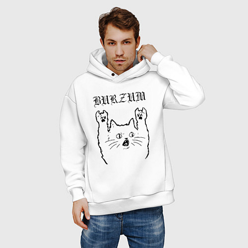 Мужское худи оверсайз Burzum - rock cat / Белый – фото 3