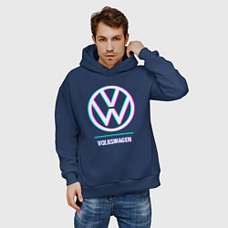 Толстовка оверсайз мужская Значок Volkswagen в стиле glitch, цвет: тёмно-синий — фото 2