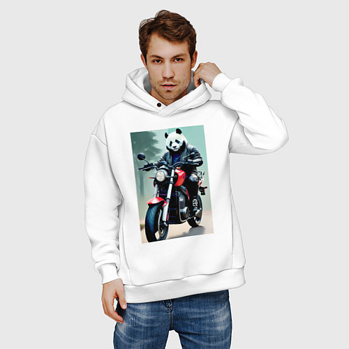 Мужское худи оверсайз Panda - cool biker / Белый – фото 3