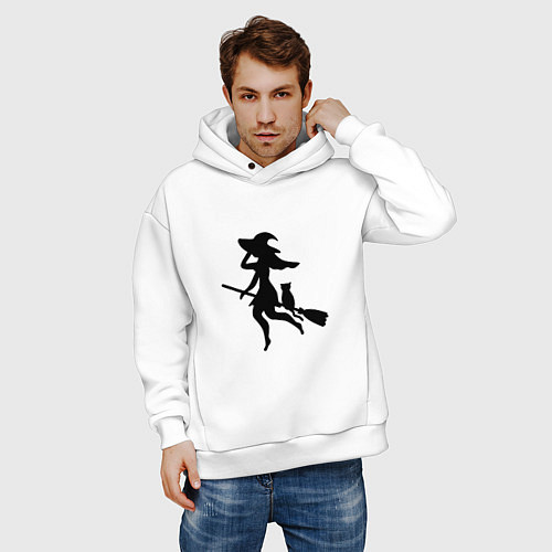 Мужское худи оверсайз Ведьмочка и кот на метле / Белый – фото 3