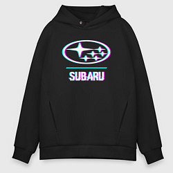 Толстовка оверсайз мужская Значок Subaru в стиле glitch, цвет: черный