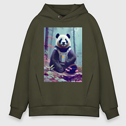 Толстовка оверсайз мужская Панда в кибер-жилете - нейросеть, цвет: хаки