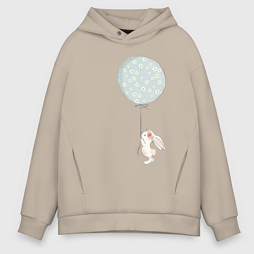 Мужское худи оверсайз Милый кролик с шариком в цветочек / Миндальный – фото 1