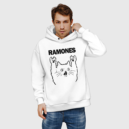 Мужское худи оверсайз Ramones - rock cat / Белый – фото 3